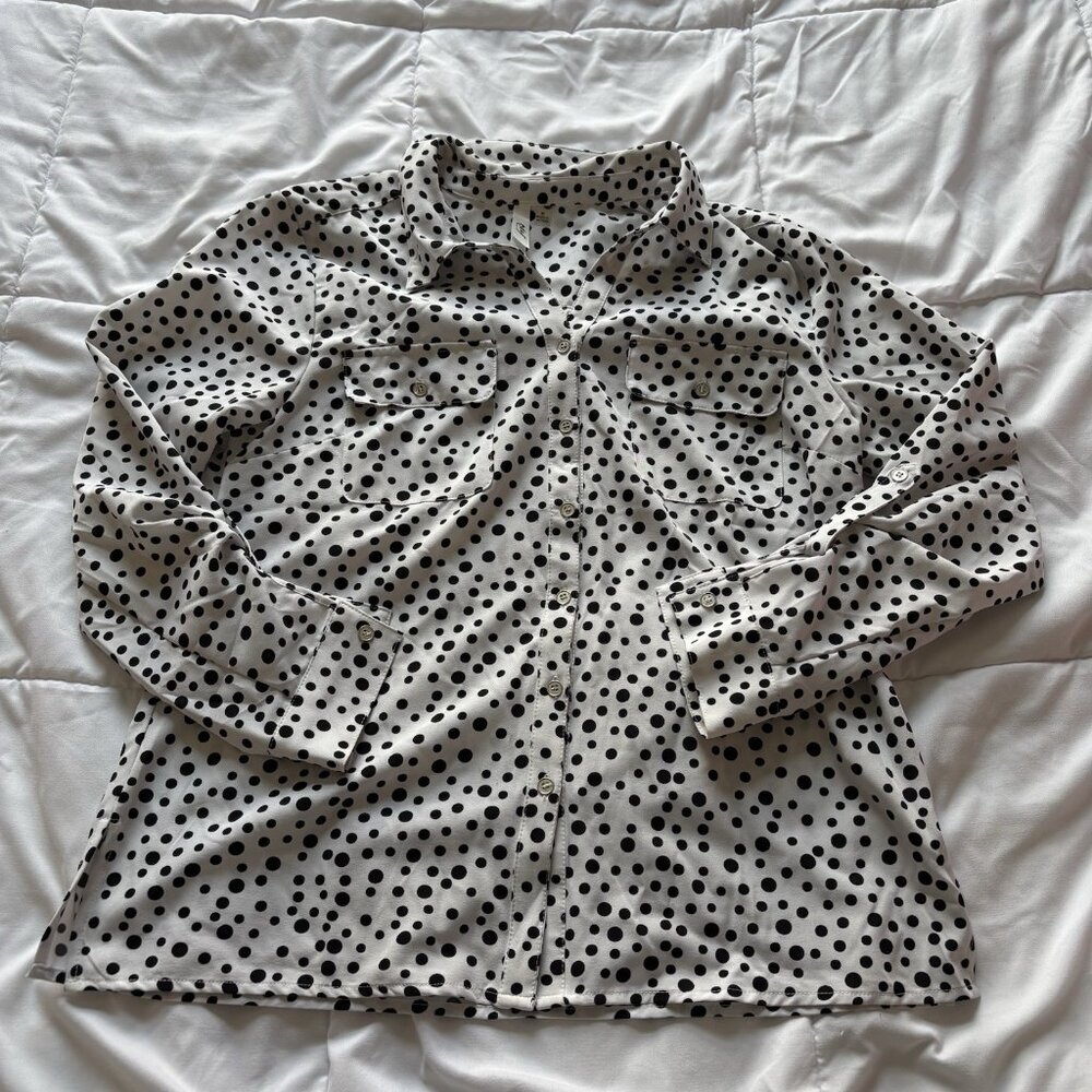 Womens Size Medium Polka Dot Blouse Long Sleeve Button Up Officechic Corpcore